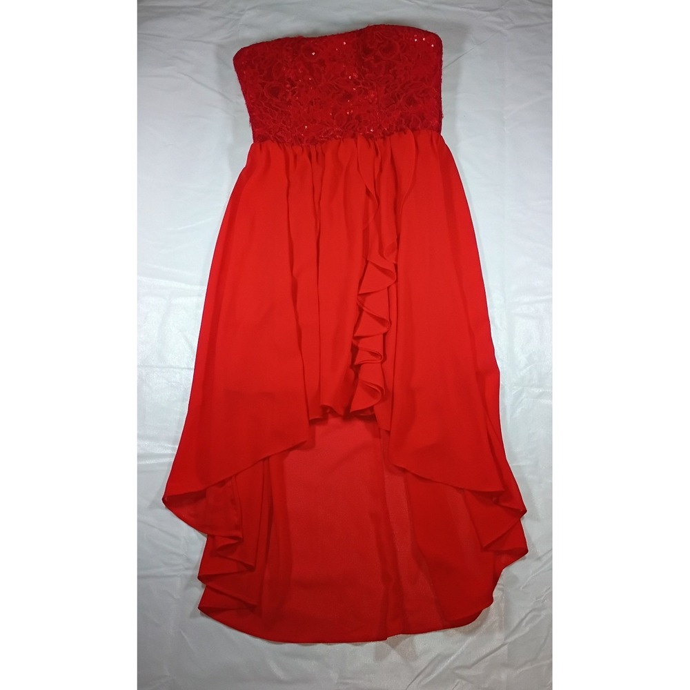 Red Strapless Prom Dress Sweetheart Lace Sequin Hi-Low Fit/Flare Dress. Size L